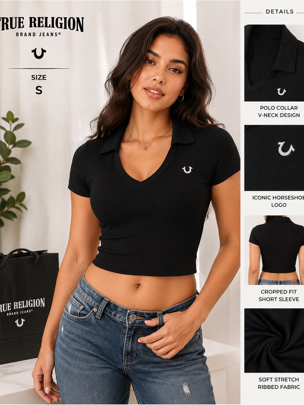 True Religion Black Ribbed V-Neck Polo Crop Top